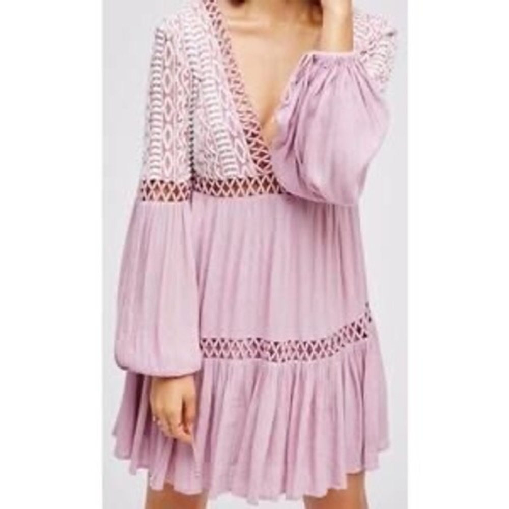 Free People Dusk Till Dawn Mini Dress in Mauve Sz 6 Boho Lace Cottagecore - Picture 1 of 15